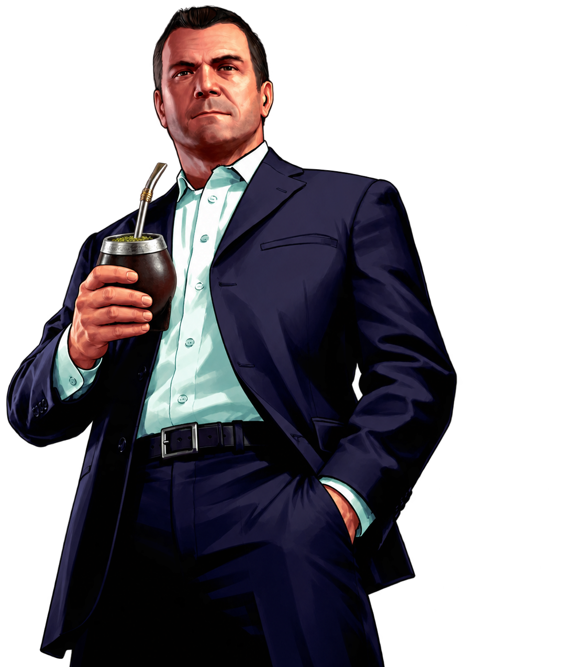 Personaje de GTA V de traje tomando mate