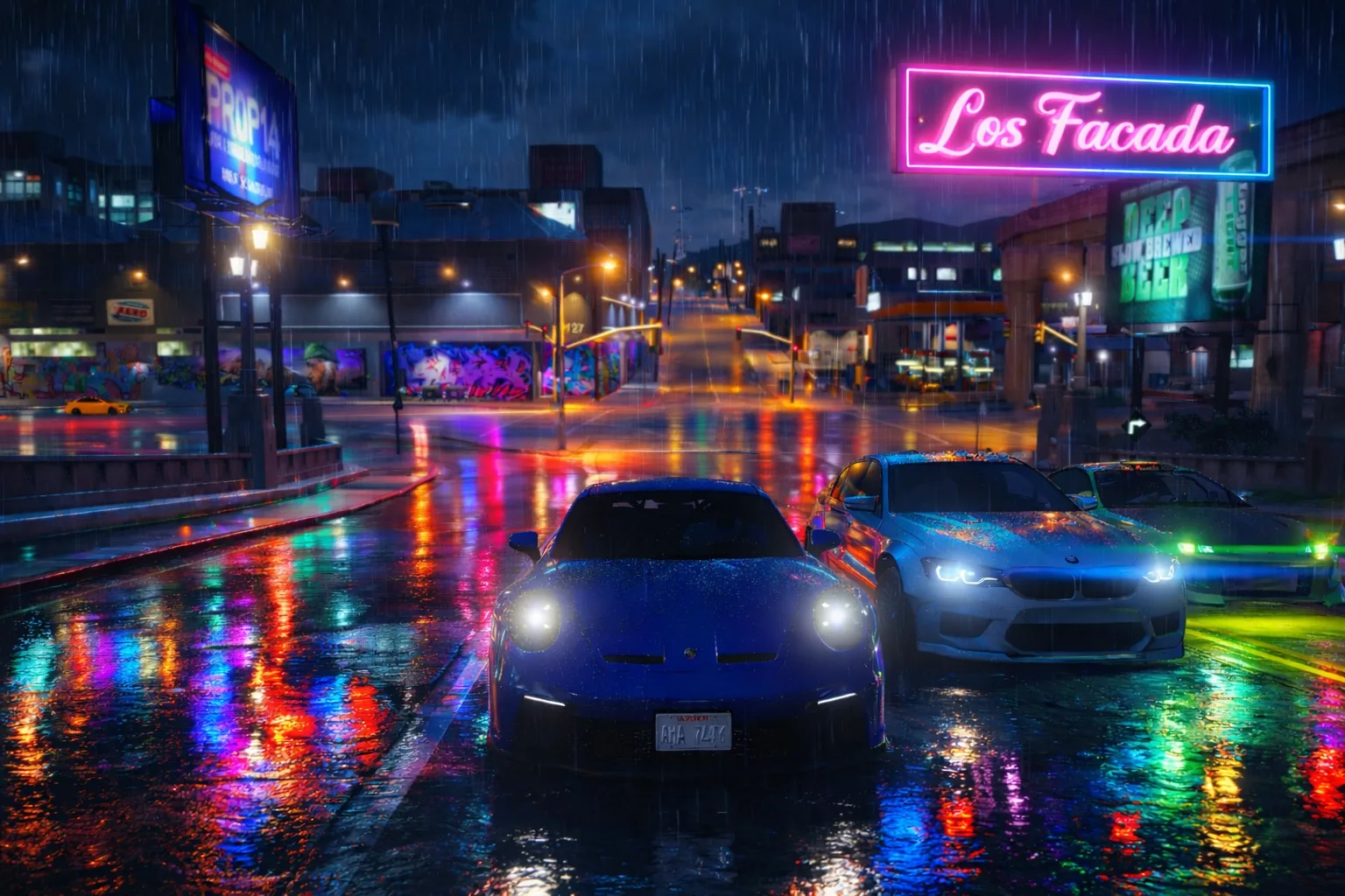 Porsche azul, BMW celeste y un auto con luces verdes en una calle mojada de noche, bajo la lluvia y un cartel de neón